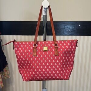 Dooney & Bourke Red and Brown Tote Bag with Monogram Print- STL Cardinals